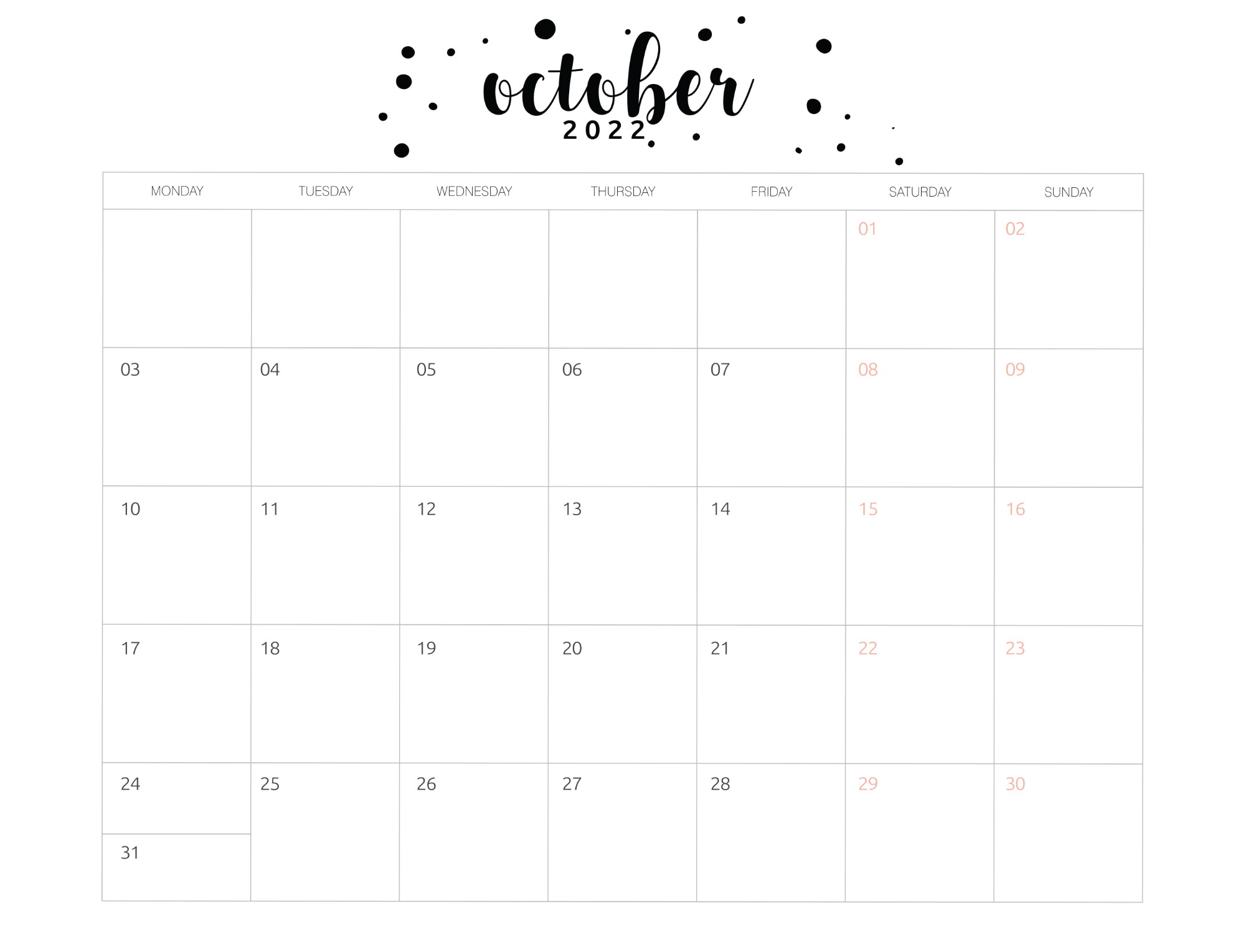 Printable Blank Calendar October 2022