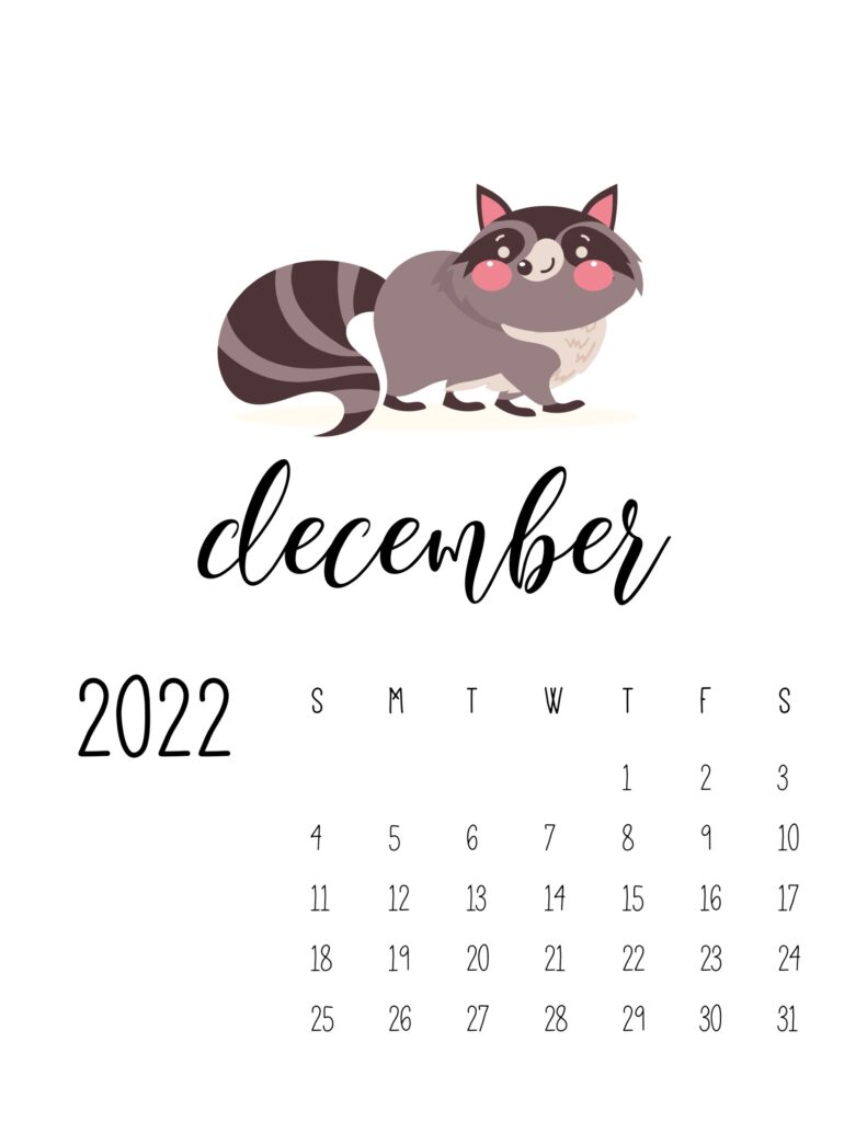 wildlife calendar 2022 December featuring a cute raccoon.