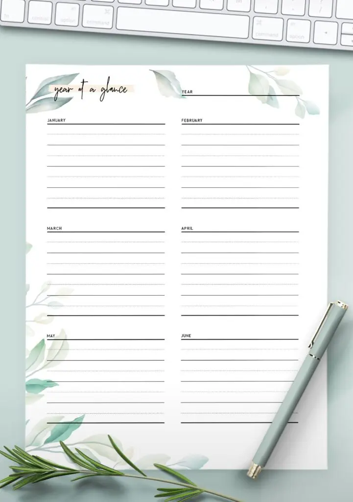 year at a glance printable template