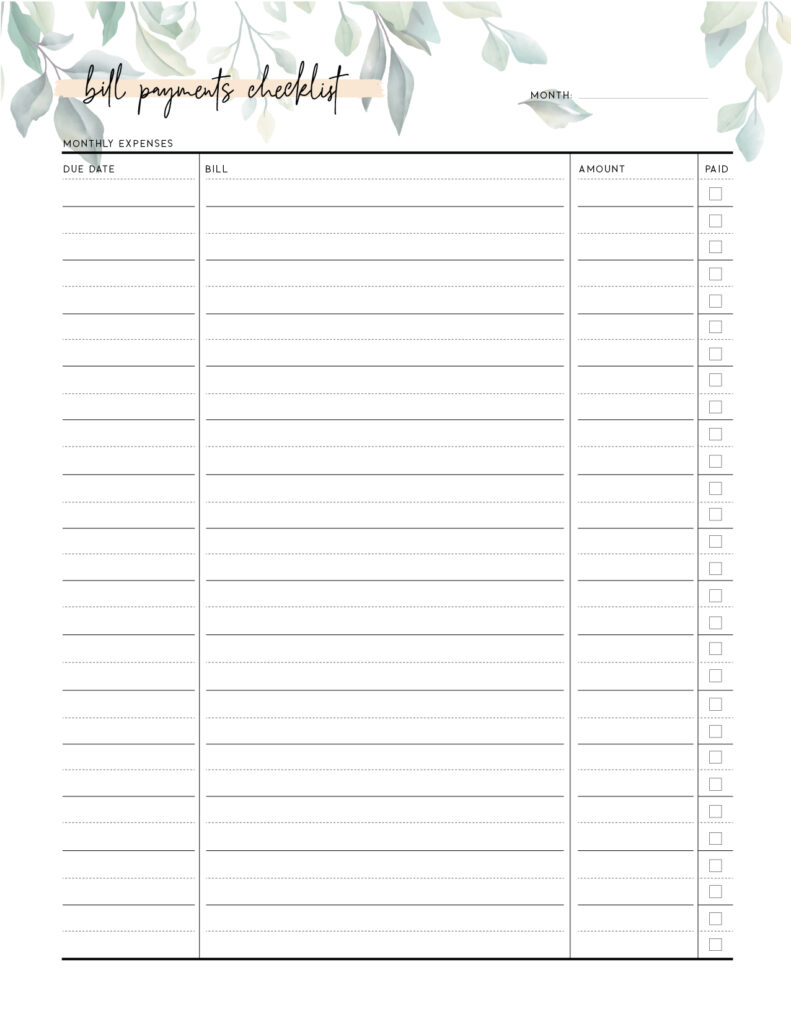 Bill Payment Checklist Template