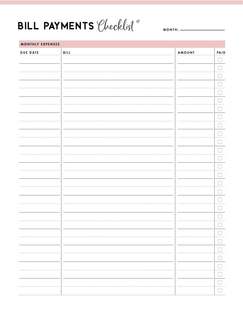 Download Printable Bill Checklist Template