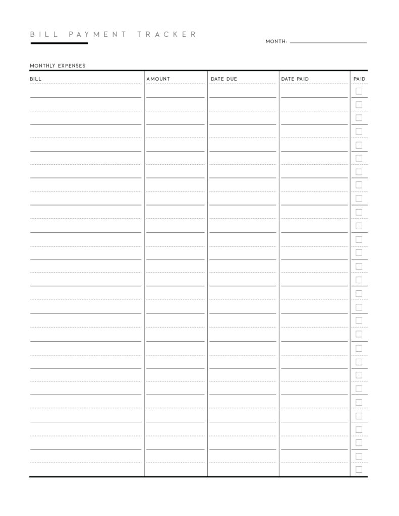 Printable Bill Tracker Template