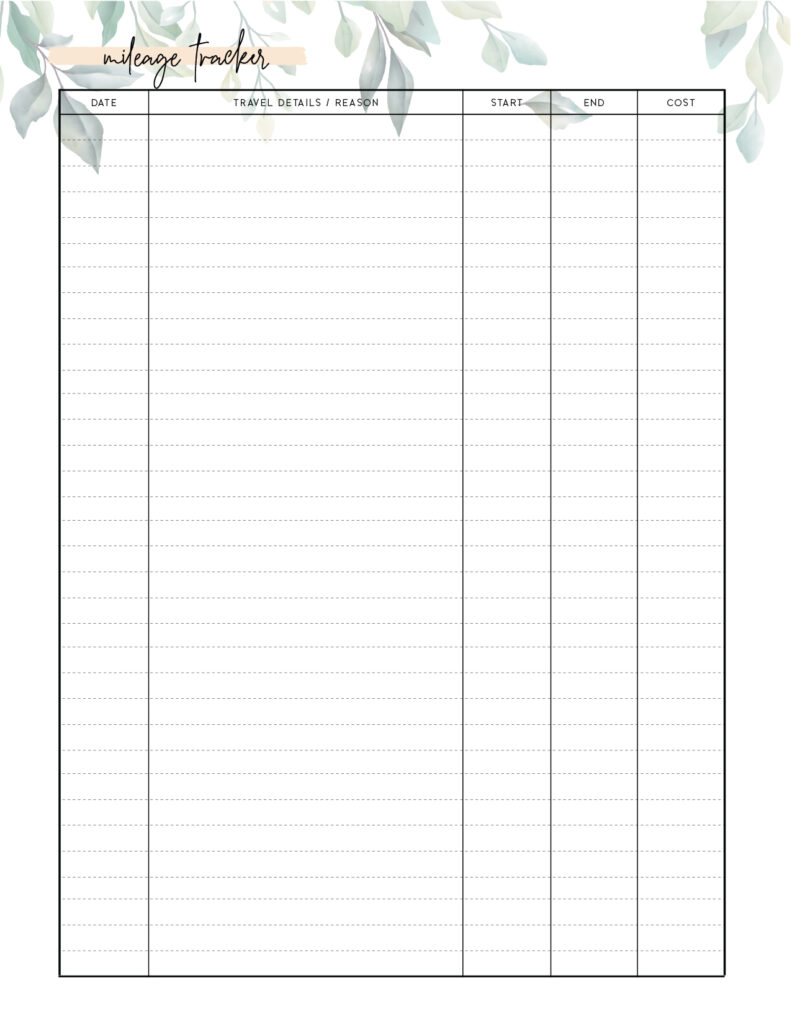 Free mileage log template printable