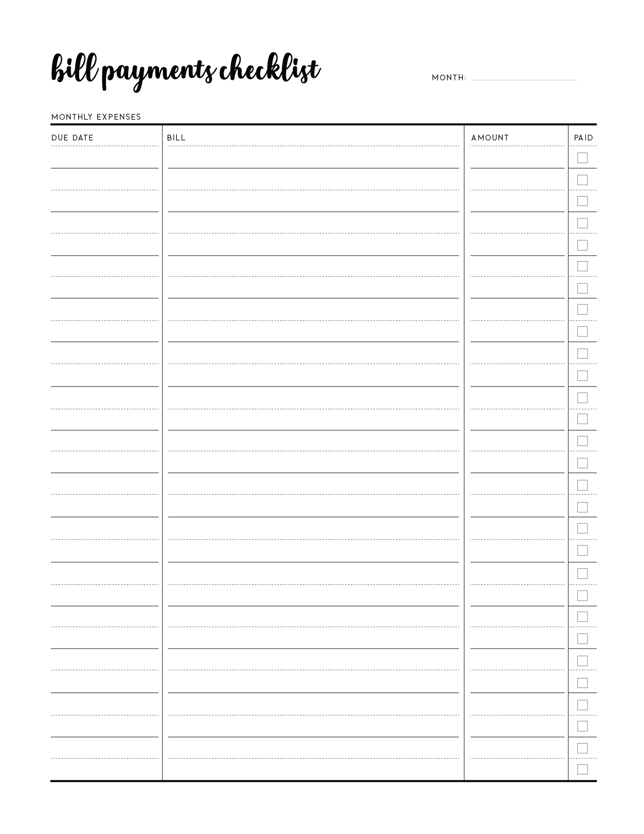 Printable Bill Checklist