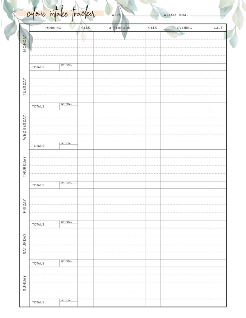 Download free printable calorie tracker template