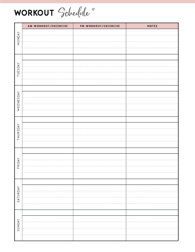 Download free printable exercise schedule template