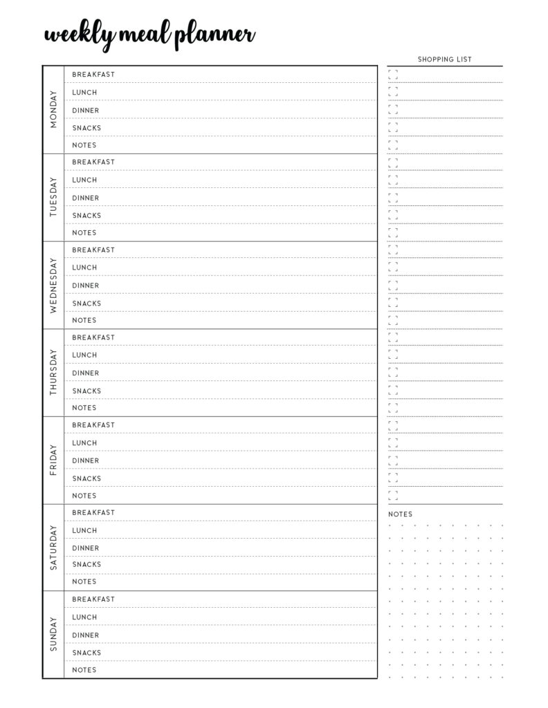 free printable weekly menu planner template