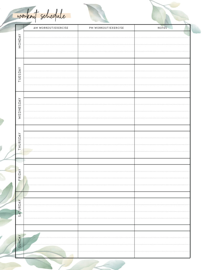 Free printable workout schedule template