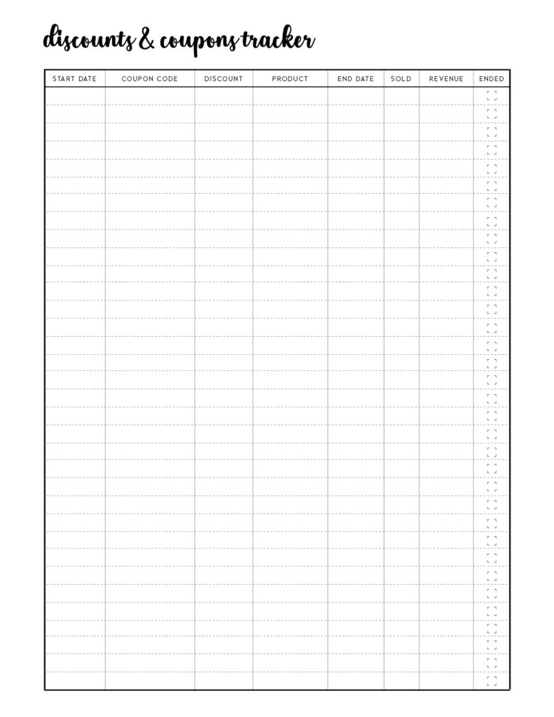 Printable discounts and coupons tracker template