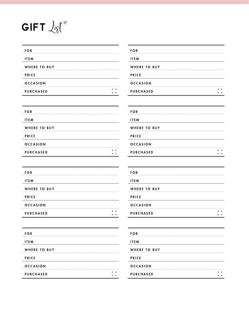 printable gift list template