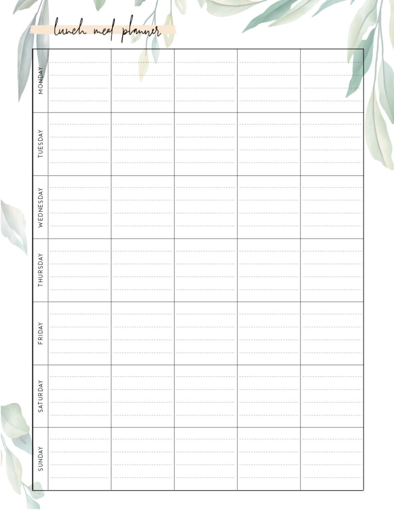 Download printable lunch meal planner template