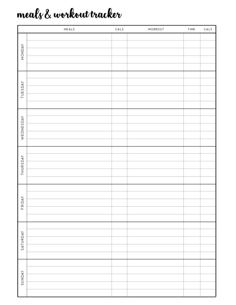 Download printable meals and workouts template