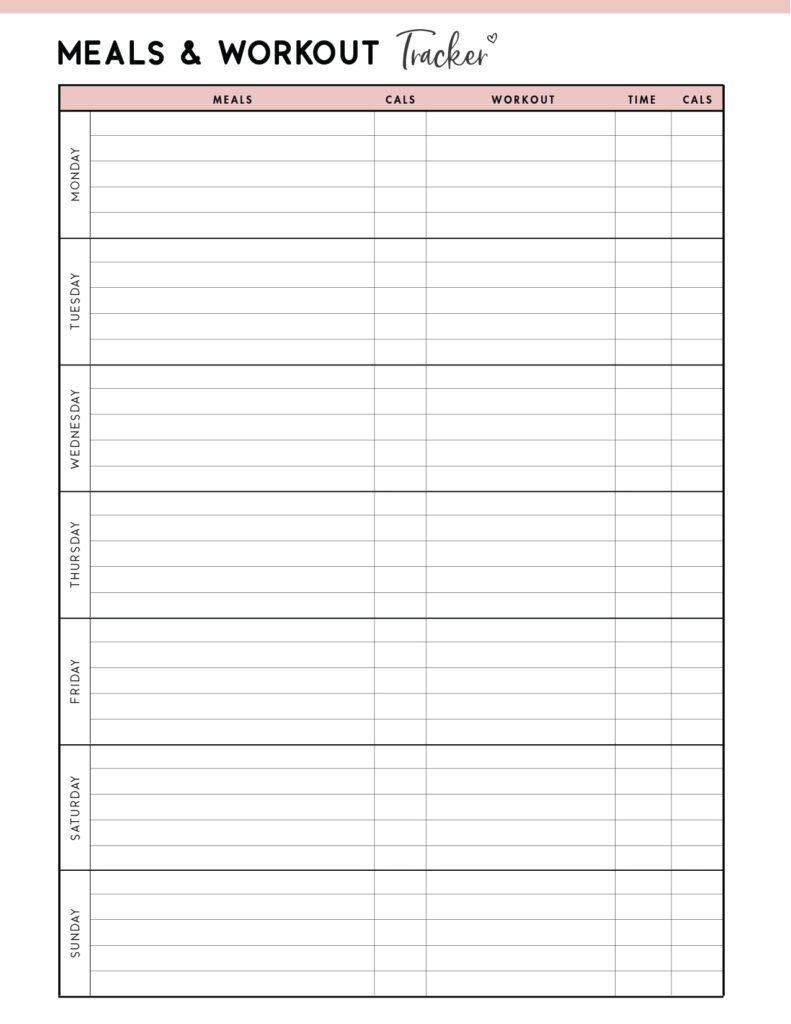 Download printable meals and workouts tracker template