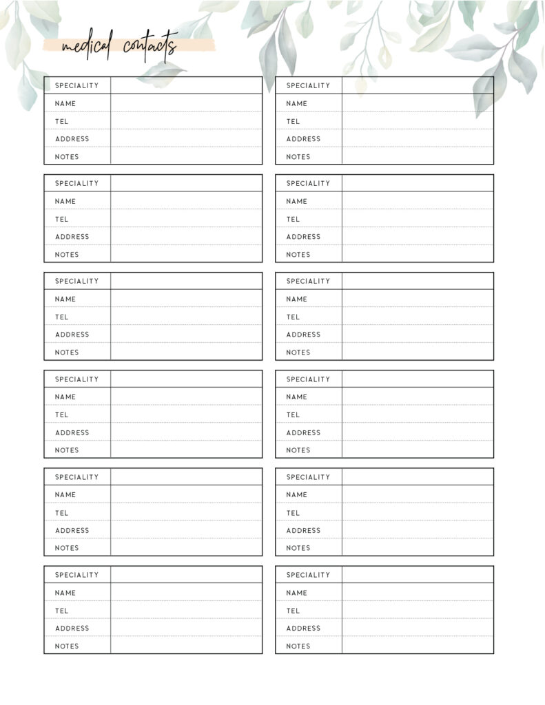 FREE Printable Medical Contact List Template World of Printables