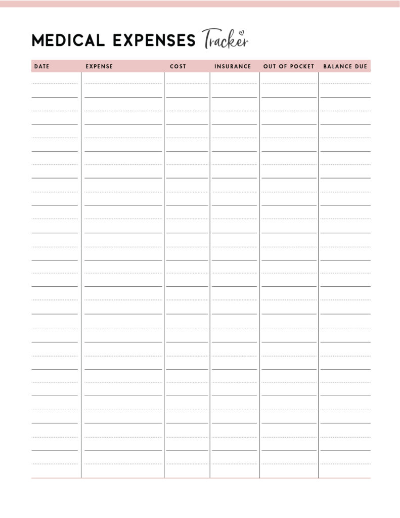 medical expense tracker spreadsheets free printable pdf