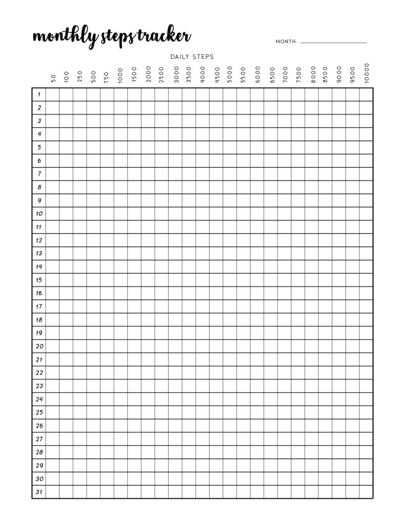 Printable monthly steps tracker template