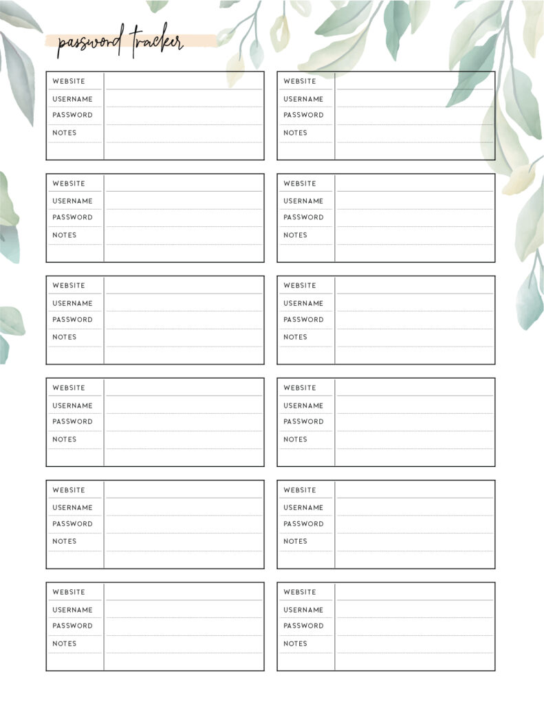 printable password tracker