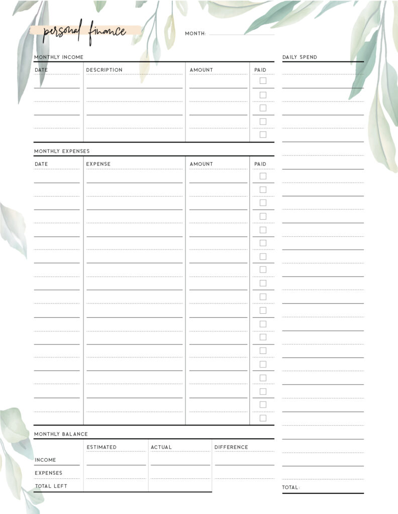 Printable personal balance sheet template