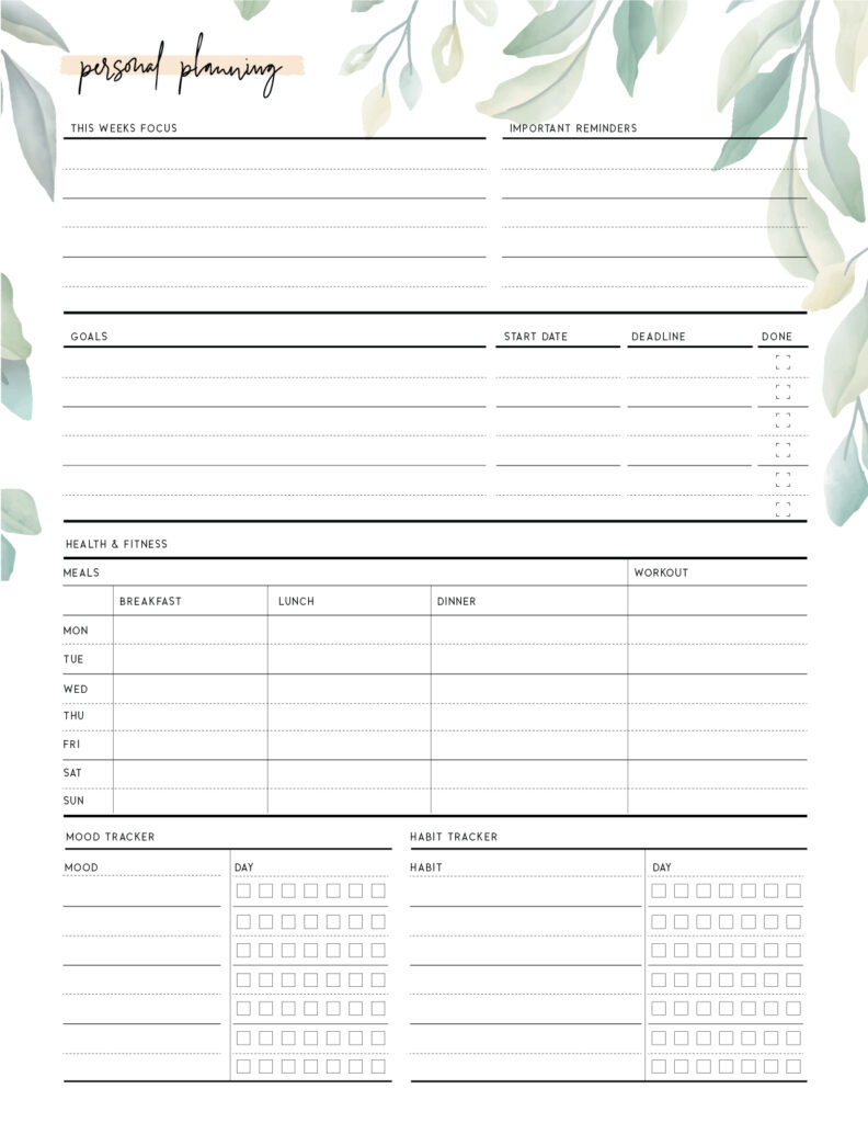 printable personal planning template