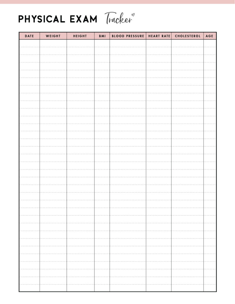 Download printable physical exam tracker template