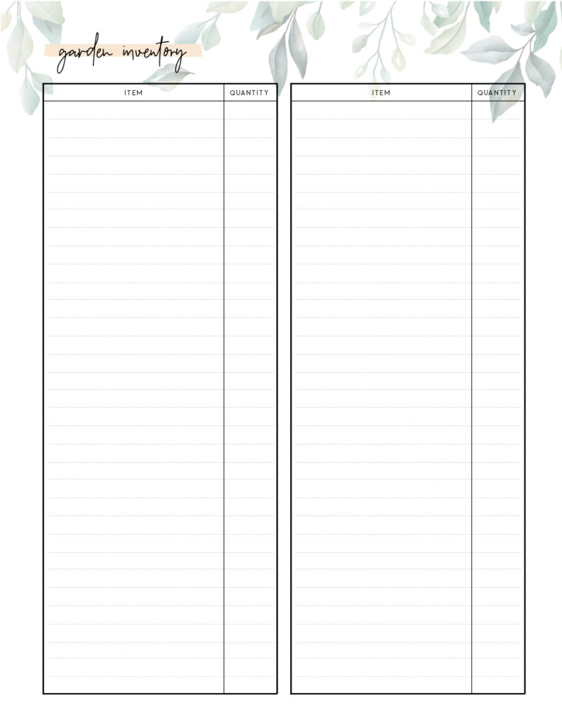 Free printable garden inventory template