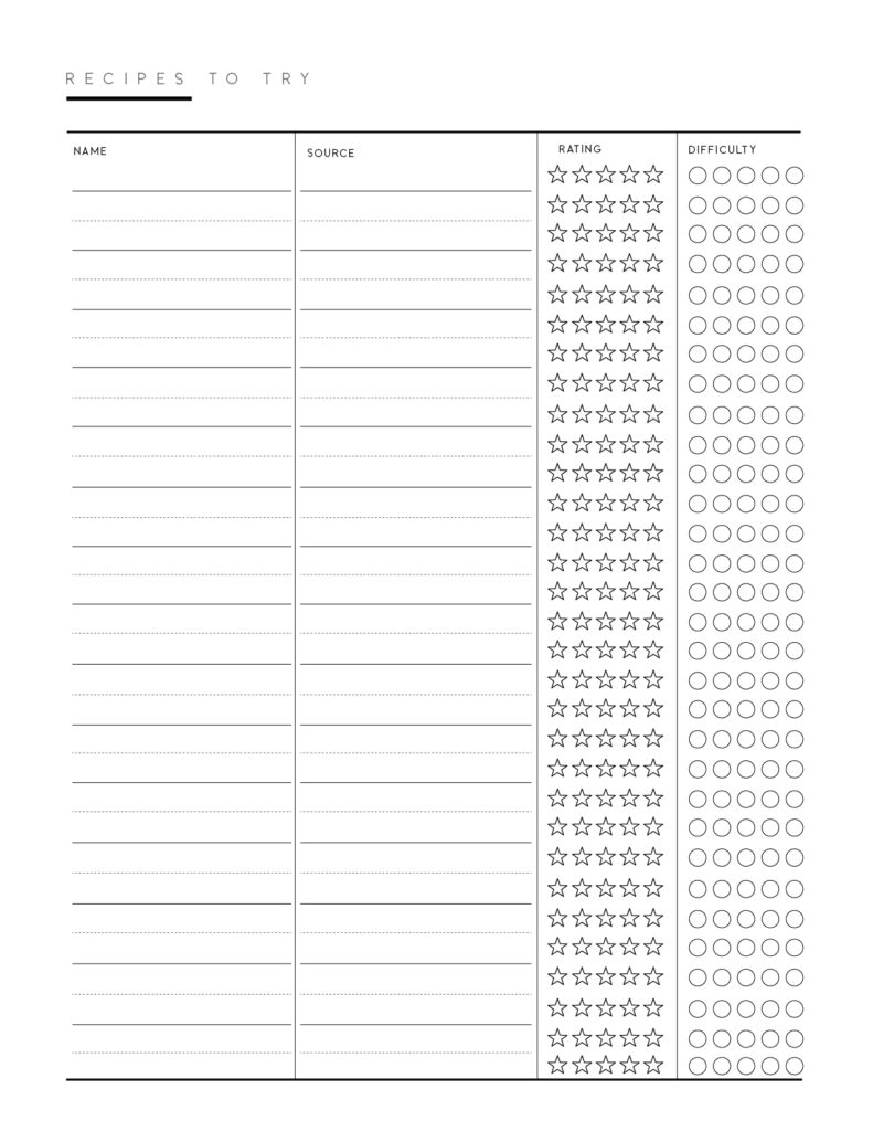 Download printable recipes to try template