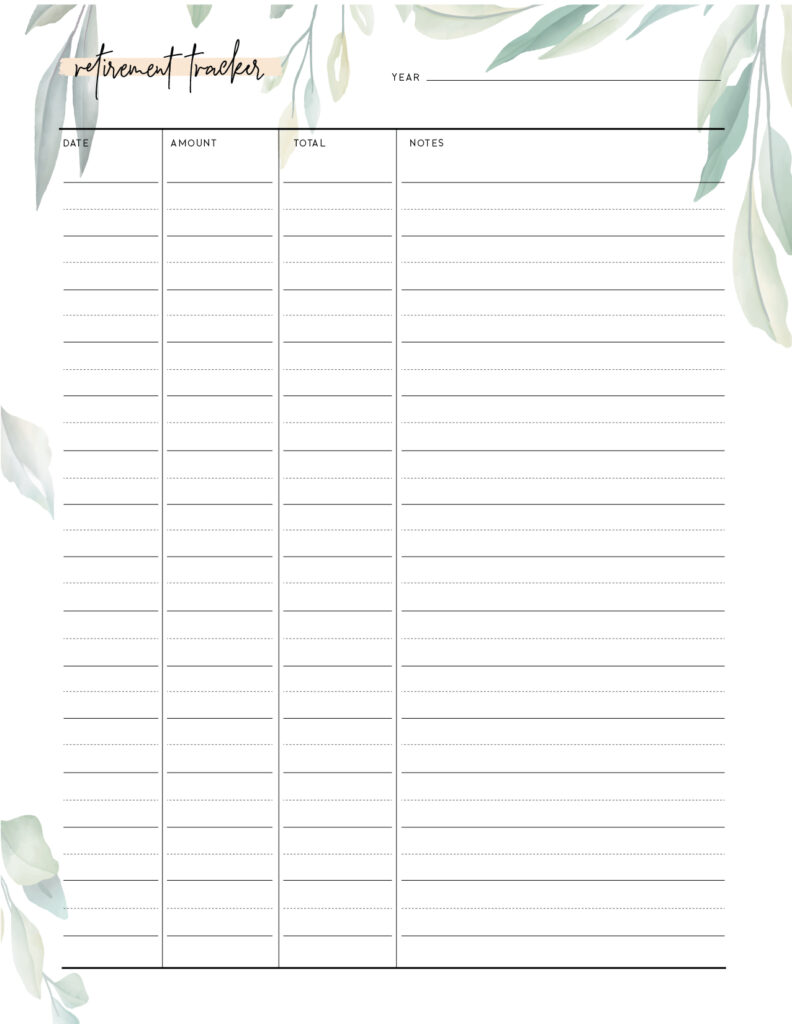 Download printable retirement tracker template