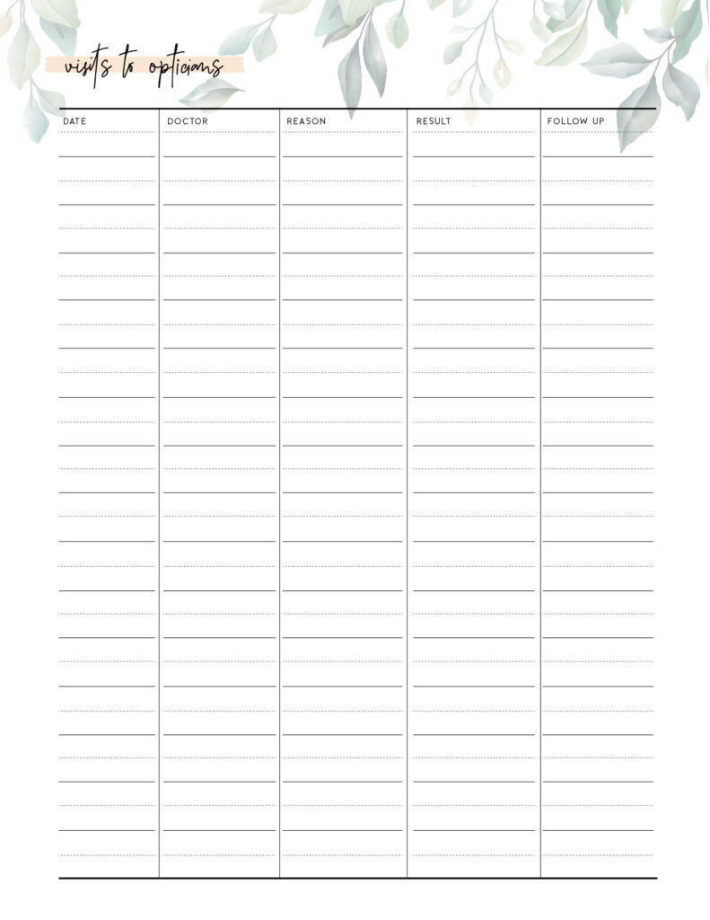 printable visits to opticians tracker template