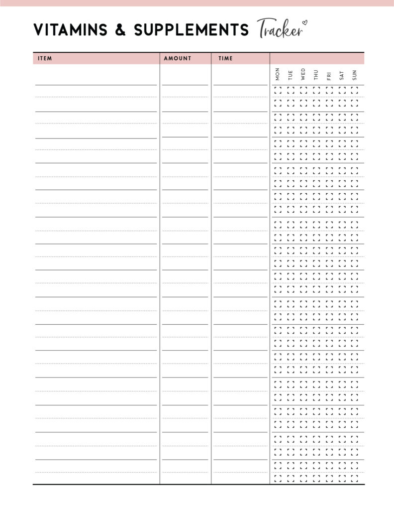Printable Vitamins And Supplements Tracker Template World Of Printables