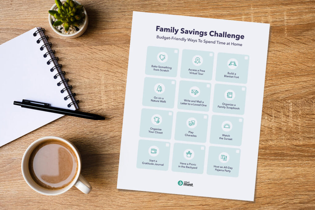 Printable family savings challenge. Budget friendly ways to spend time at home.