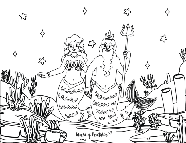 mermaid and neptune coloring page