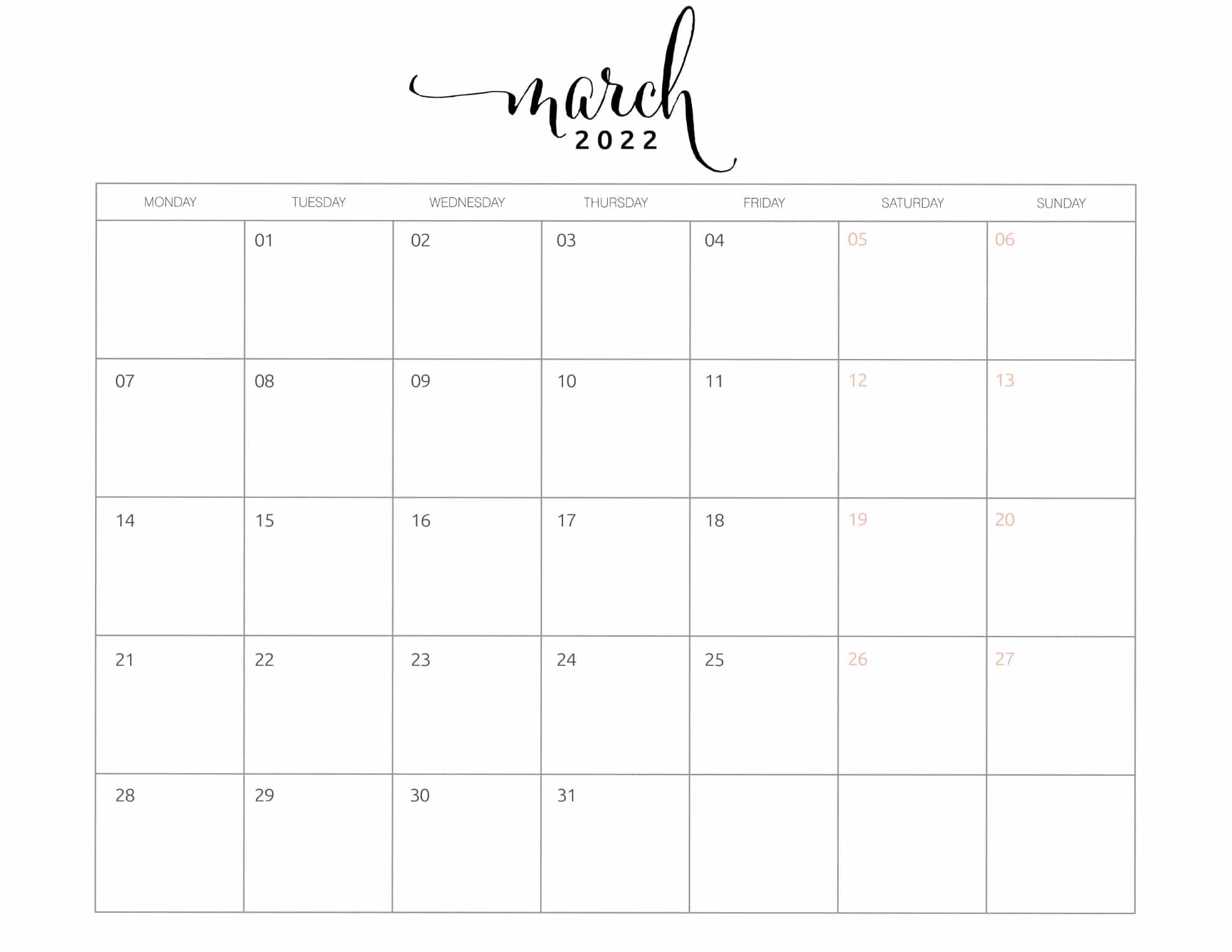 2022 calendar free printable monday start world of printables