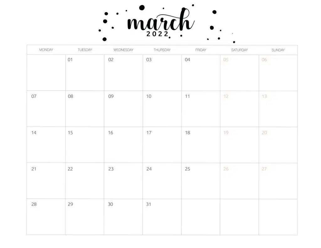 Printable March 2022 calendar template