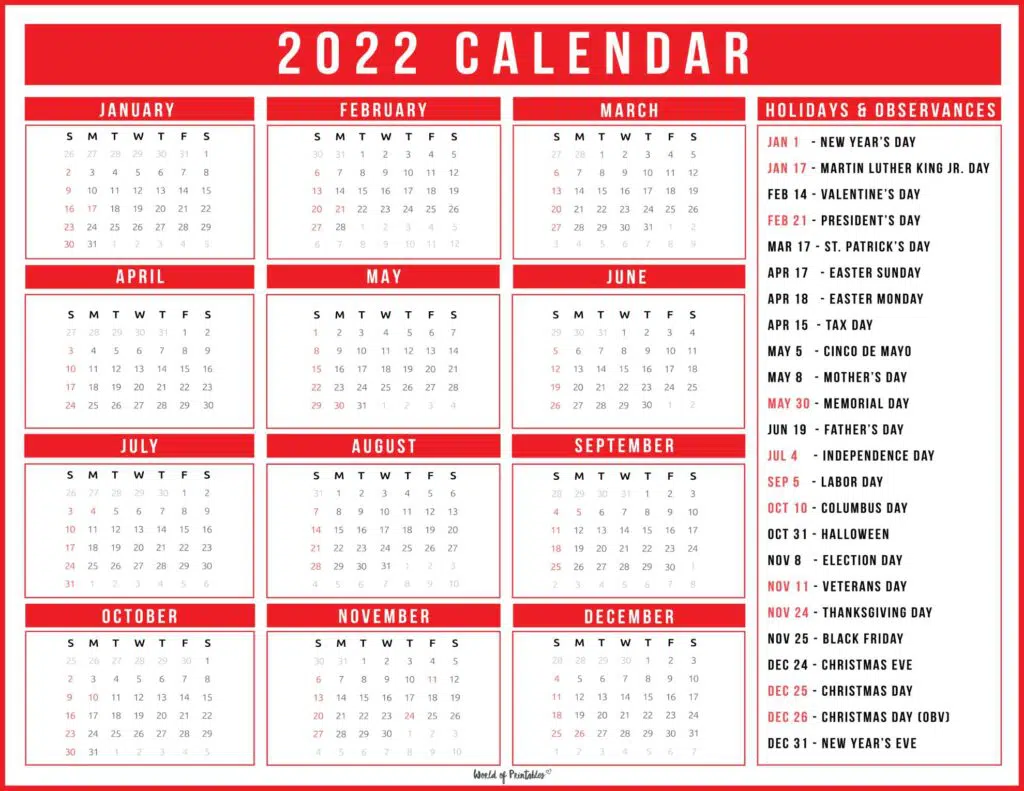 2022 calendar with holidays in red