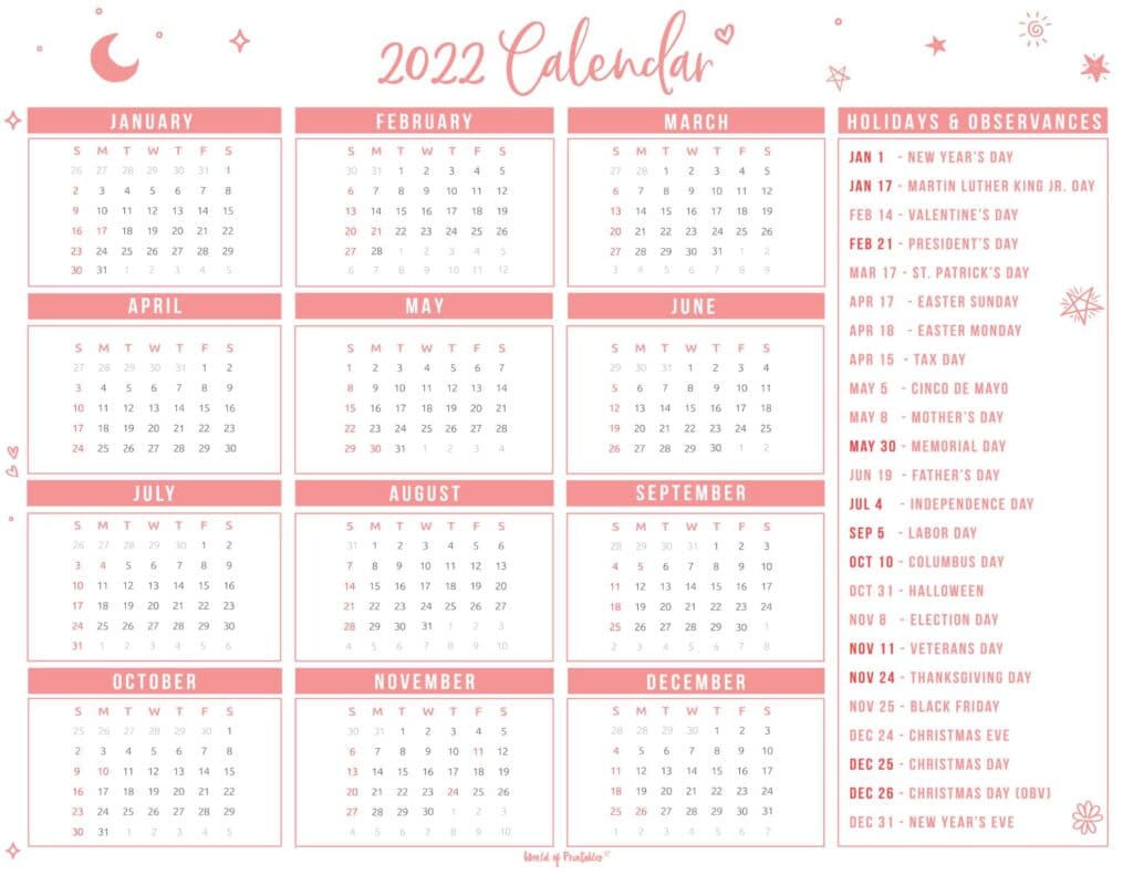 Cute 2022 Calendar with holidays