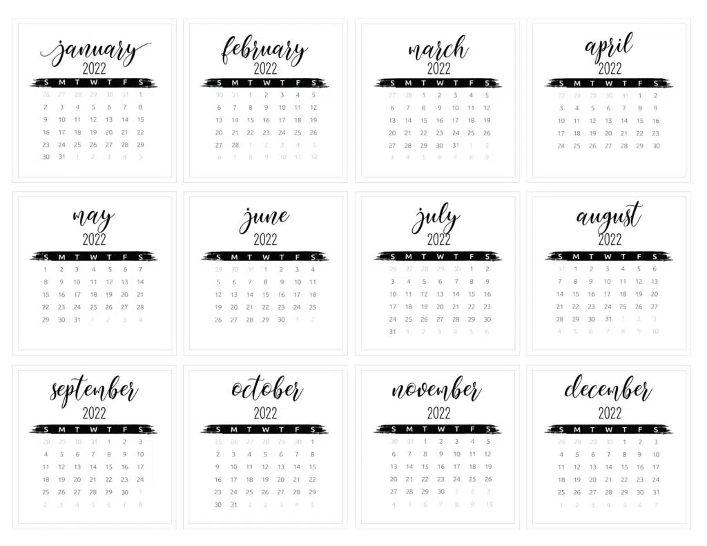 Free One Page Calendar 2022 in Black