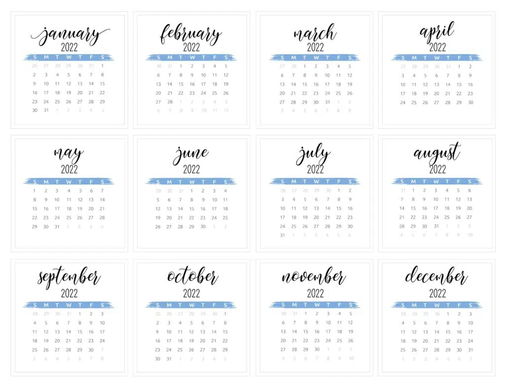 Free One Page Calendar 2022 in Blue