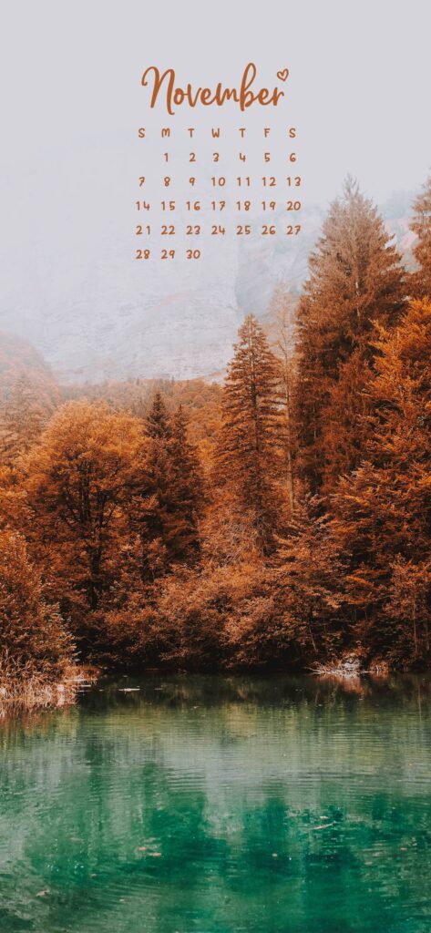 November Calendar Phone Wallpaper Background fall forest and lake scenery