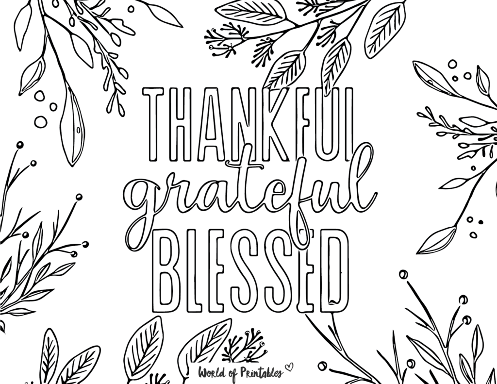 Thankful Grateful Blessed Thanksgiving Coloring Page
