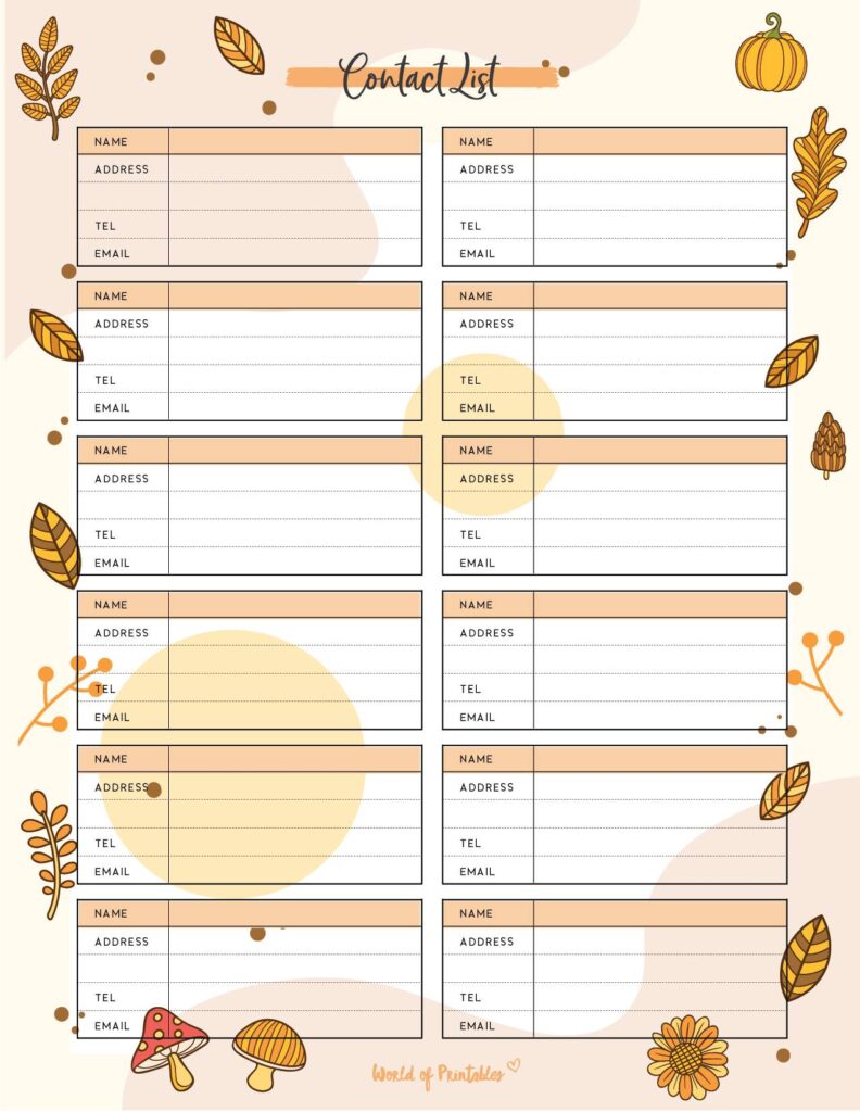 Thanksgiving Planner Contact List