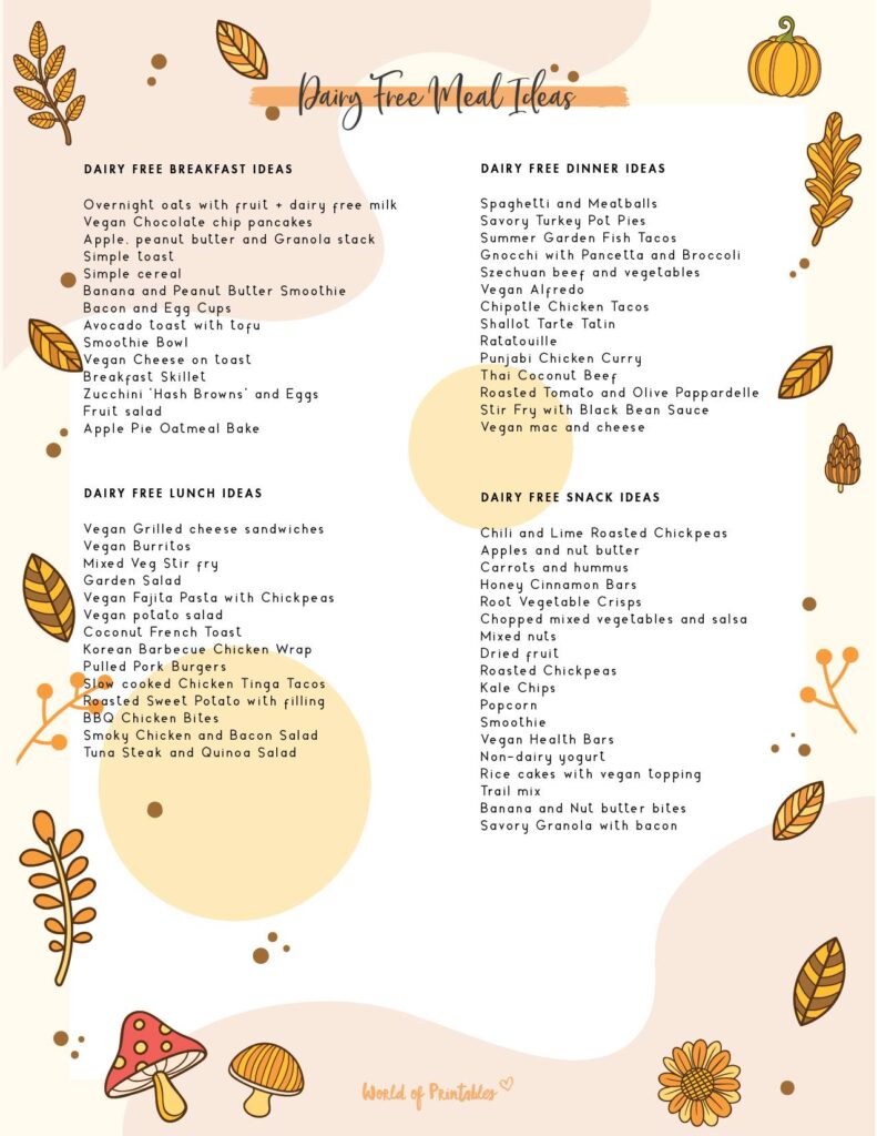 Thanksgiving Planner Dairy Free Meal Ideas