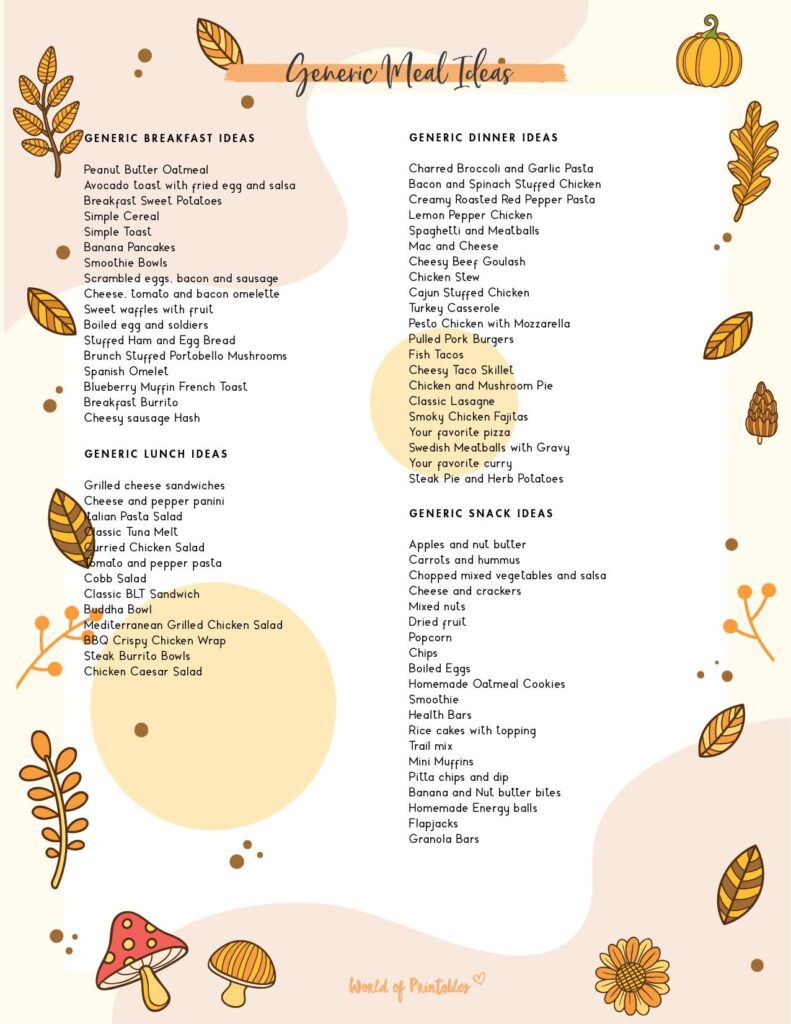Thanksgiving Planner Generic Meal Ideas
