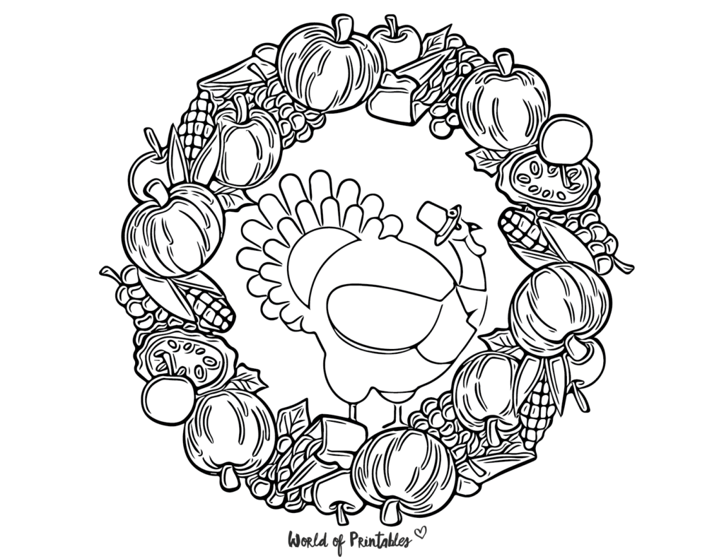 Turkey Wreath Thanksgiving Coloring Page