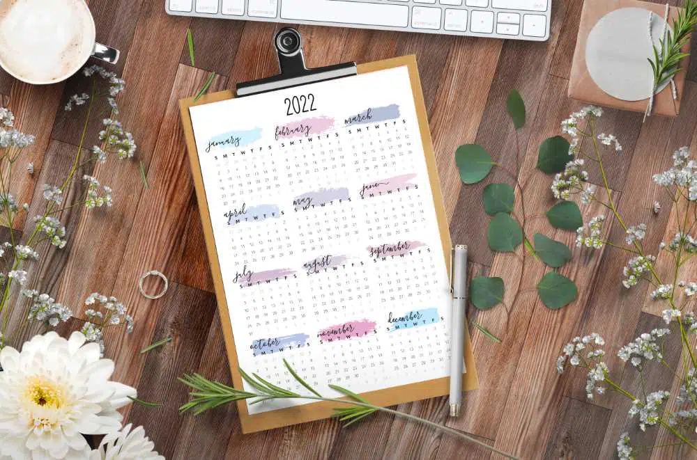 Watercolor One Page Calendar for 2022