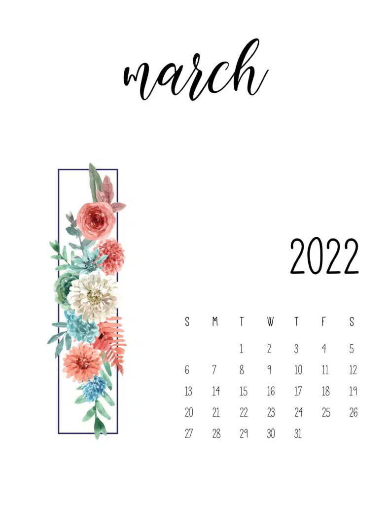 floral 2022 calendar - march