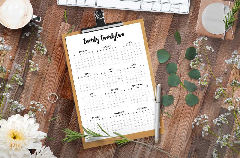 one page year 2022 calendar printable free template