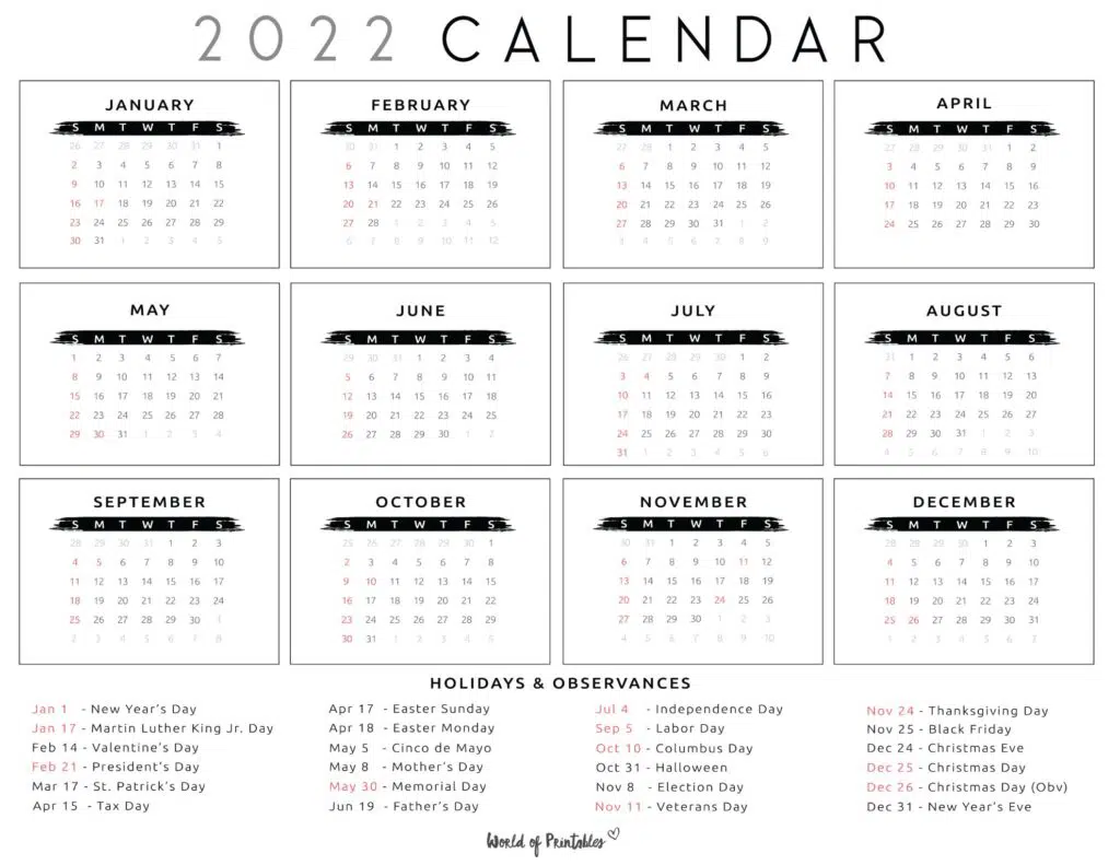 printable 2022 calendar with holidays