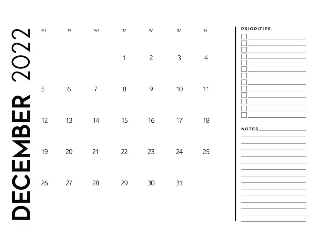 printable 2022 monthly calendar - December