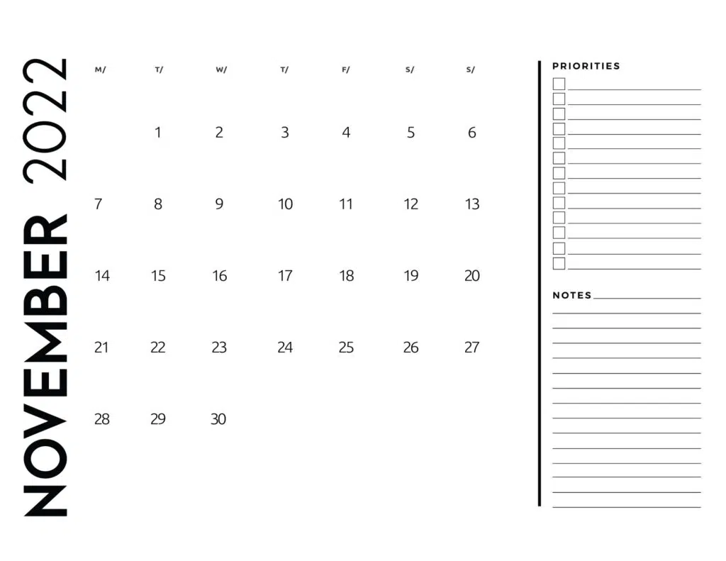 printable 2022 monthly calendar - November