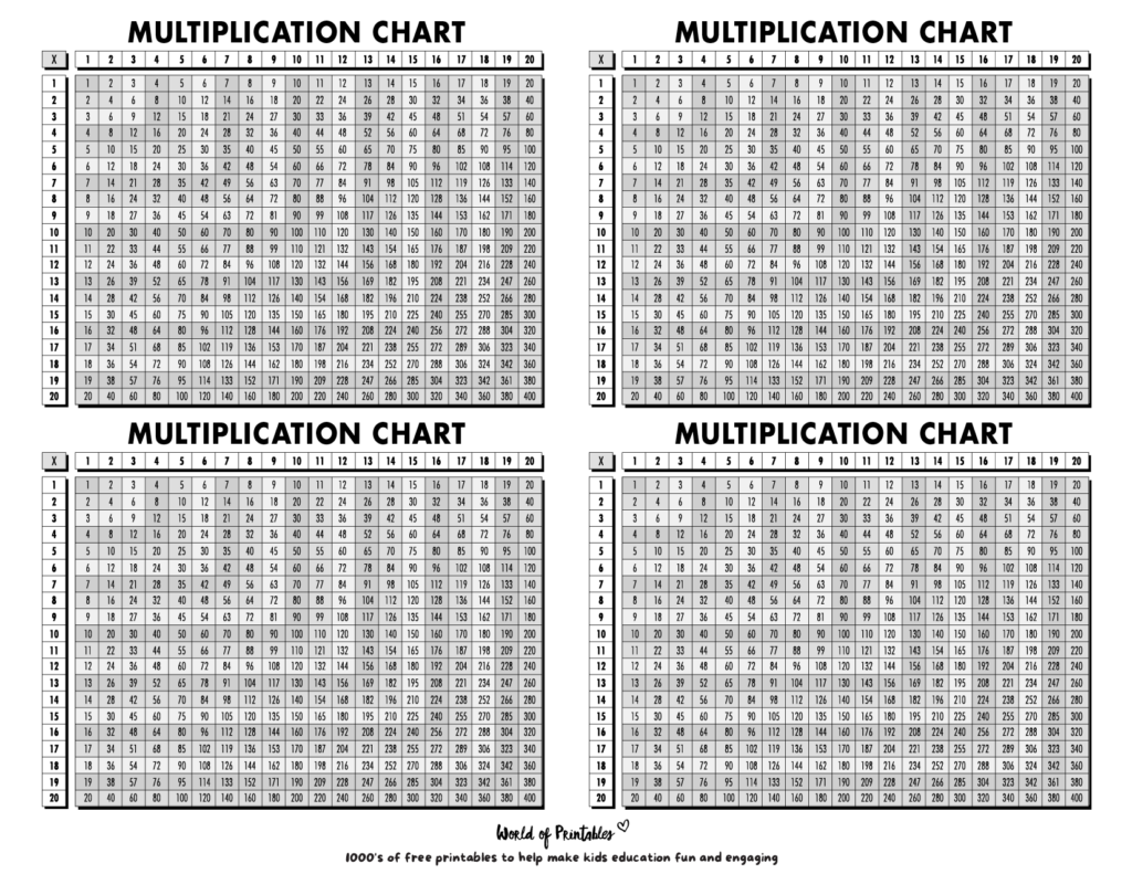 20x20 Multiplication Table Set of 4